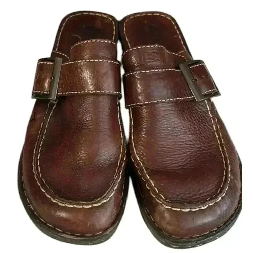 Born Leather Clogs Mules Wedges Womens Size 7/38 Buckle Detail Brown - Picture 3 of 9